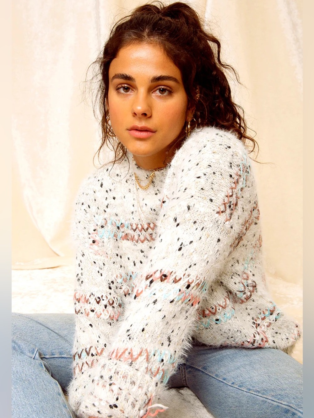 RAGA Cream Speckled Fuzzy Knit Sweater with Pastel Accents